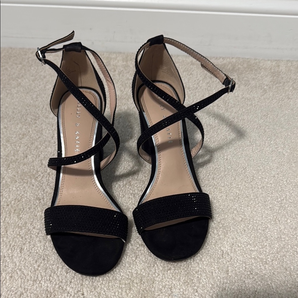 Kelly & Katie Black rhinestone Strappy block Heels